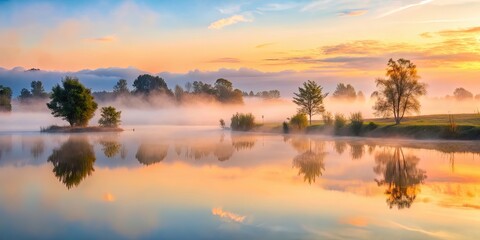 Soft, serene mist enveloping a tranquil dawn landscape, mist, serenity, dawn, embrace, peaceful, tranquil, nature, fog, morning
