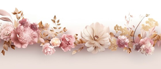 Luxury and delicate pink floral design arrangement adorned with golden leaves, advertising banner. 