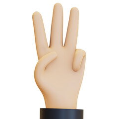 A hand making a number three gesture, with the index, middle, and ring fingers extended. 3D render illustration in cartoon style. Transparent background, isolation.