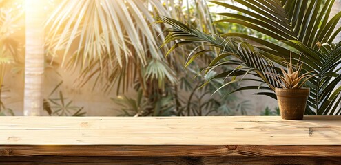 a wooden table in a room full of plants and light from the side