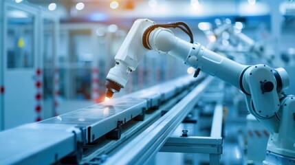Obraz premium Automated assembly line, industrial robots, precision manufacturing, sleek modern factory, high-tech production