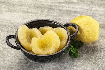Canned yellow pear with syrup