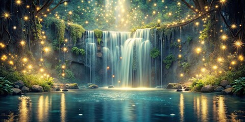 Enchanted magical waterfall with sparkling faerie lights, magical, waterfall, enchanted, faerie lights, mystical, fantasy