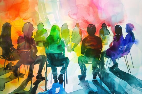 Watercolor Painting of a Group Therapy Session, Mental Health Concepts
