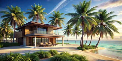 Fototapeta premium Tranquil beachside villa with beautiful palm trees, beach, villa, palm trees, relaxation, peaceful, serene, ocean view