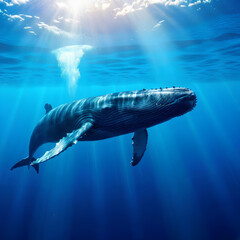 Naklejka premium A blue whale swims gracefully underwater, illuminated by sunlight in the deep blue ocean.