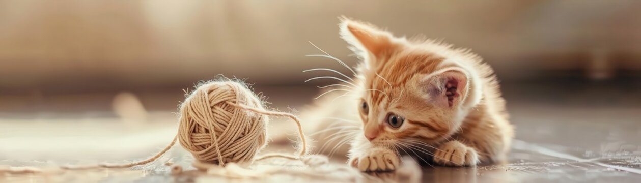 Fluffy kitten with big eyes playing with a ball of yarn, cute and mischievous, funny animal antics, heartwarming and adorable scene