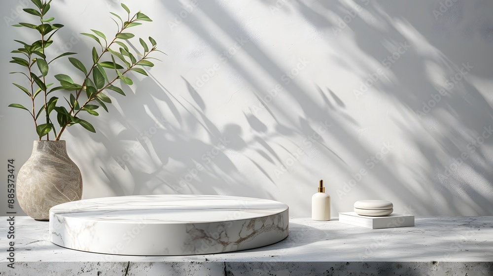 Poster minimalist marble display with natural elements and soft shadows