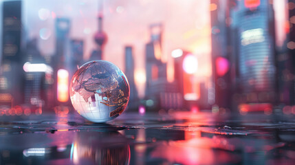 City Skyline with Digital Globe in Foreground