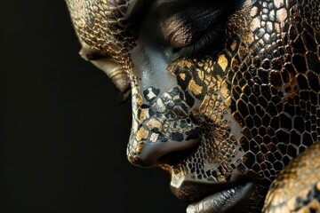 Obraz premium woman face with snake skin texture Isolated on black background