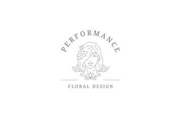Floral woman portrait botanical face line logo design template vector illustration