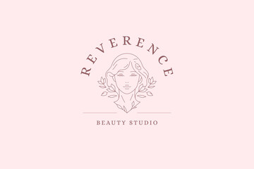 Natural beauty woman bust with flowers feminine line logo design template vector illustration