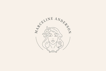 Elegant floral woman portrait beauty line logo design template vector illustration