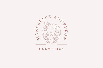 Elegant beautiful female face with flower line logo design template vector illustration