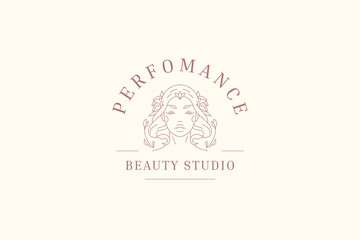 Elegant botanical woman face hair with flower line logo design template vector illustration