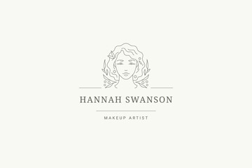 Blossom floral woman portrait minimalist line logo design template vector illustration