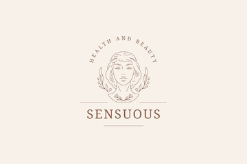 Antique female goddess botany portrait outline logo design template vector illustration
