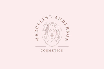 Obraz premium Botanical feminine woman portrait with flower line logo design template vector illustration