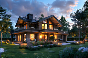 Beautiful Home Exterior ,3d rendering of modern cozy house in chalet style ,traditional craftsman house with wrap around porch and shingled exterior