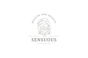 Romantic beautiful woman with flower in hair outline logo design template vector illustration