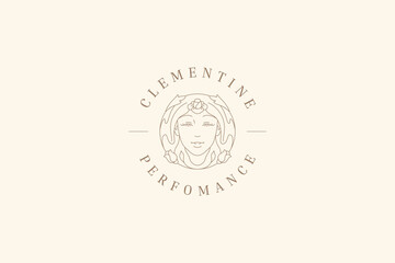 Elegant floral female face circle outline logo design template for cosmetics vector illustration