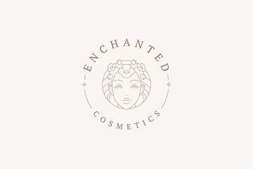 Beauty woman face with flower hair circle outline logo design template for coiffure vector