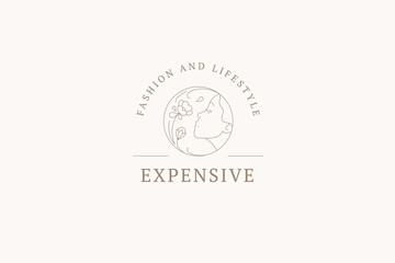 Romantic woman face with flower outline logo design template for beauty brand vector illustration