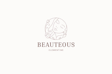 Botanical floral female face minimalist circle line logo for beauty studio vector illustration