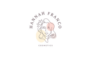 Botanical woman portrait watercolor pastel spot continuous line logo design template vector