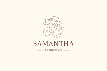 Vogue woman botanical face continuous line logo design template vector illustration