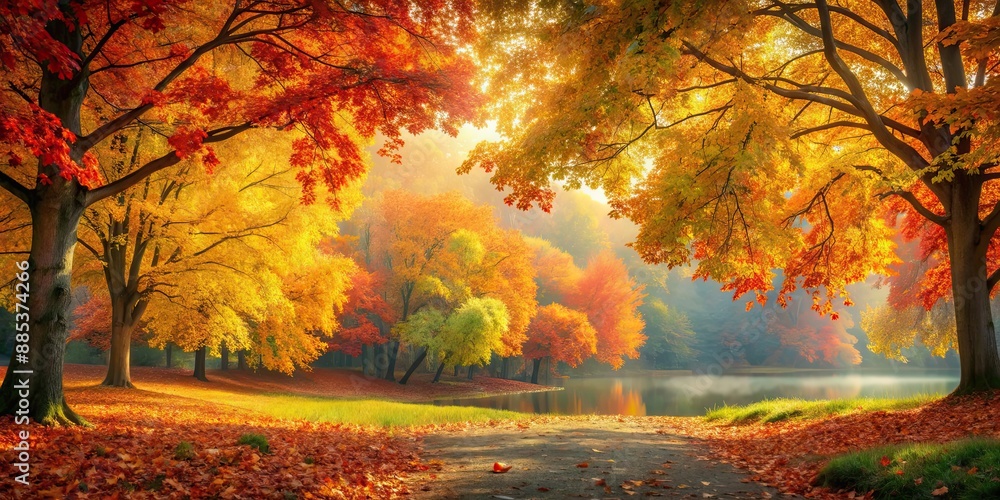 Wall mural Abstract autumn with colorful leaves, trees, and a warm color palette, autumn, abstract,leaves, trees, warm, color palette