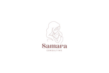 Caring mother hug little kid son continuous line logo design template vector illustration