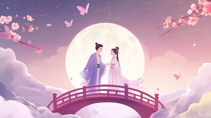 Naklejka premium Simple cartoon style illustration for Qixi with a couple on a bridge.