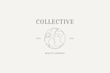 Gentle floral woman portrait continuous line circle logo design template vector illustration