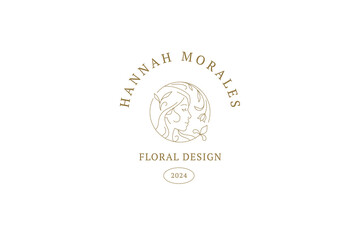 Beautiful female portrait with flower hair circle line logo design template vector illustration