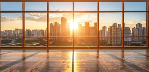 Fototapeta premium a view of city buildings and sunset photographed from inside a room with glass walls