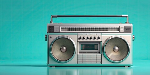Obraz premium Retro portable stereo boombox radio cassette recorder on turquoise background, 80s, vintage