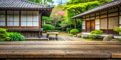 Wooden table top with blurred garden and traditional Japanese house in the background, wood, table, garden, blurred, Japan