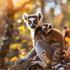 Obraz premium ing-tailed lemur (Lemur catta), Mother with baby on back sitting on stone. Endangered endemic animal in Andringitra National Park mountain, Madagascar wildlife anima