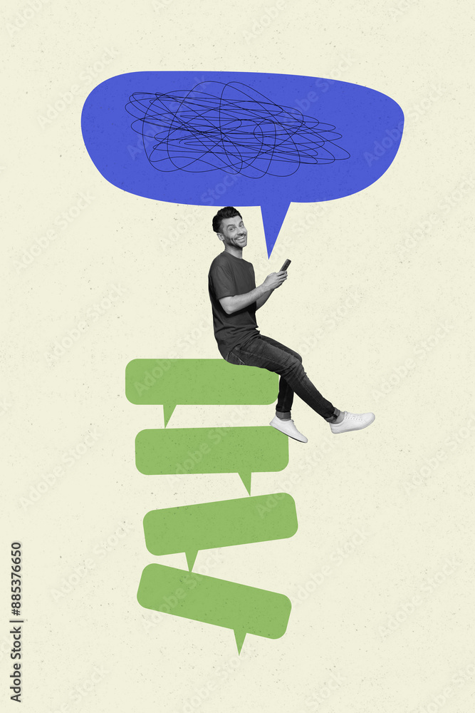Poster Vertical composite collage picture image of mini guy use phone pile stack dialogue bubble isolated on creative background