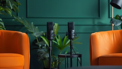 Two microphones on a black stand in a podcast studio with orange armchairs and a dark green wall, a minimalist interior design 