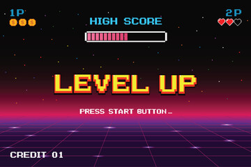 LEVEL UP INSERT A COIN TO CONTINUE .pixel art .8 bit game. retro game. for game assets in vector illustrations.