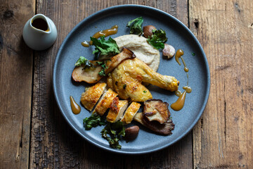 Roast chicken, chestnut puree, mushrooms and crispy kale