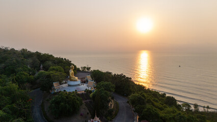 Aerial view of Thang Sai temple and sea in the morning.