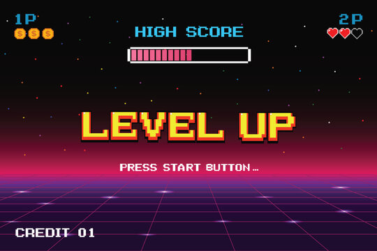 LEVEL UP INSERT A COIN TO CONTINUE .pixel art .8 bit game. retro game. for game assets in vector illustrations.