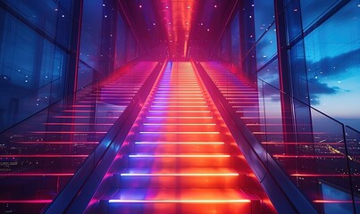 a staircase with bright lights in a glass-walled room