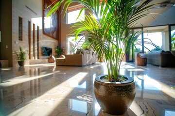Fototapeta premium A bright living room with a sun-drenched modern space showcasing a healthy potted palm plant in a stylish container, enhancing the room's natural and lively ambiance.