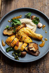 Roast chicken, chestnut puree, mushrooms and crispy kale