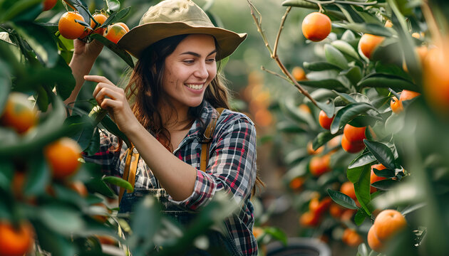 Skilled young woman farmer employee in plaid shirt harvesting fresh tangerines during work on farm during daytime
