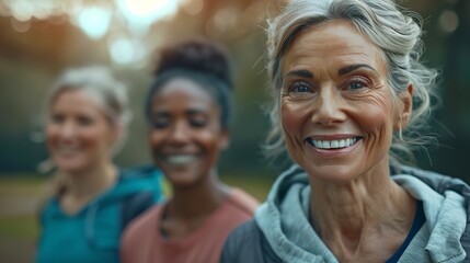 Three diverse women smiling together.